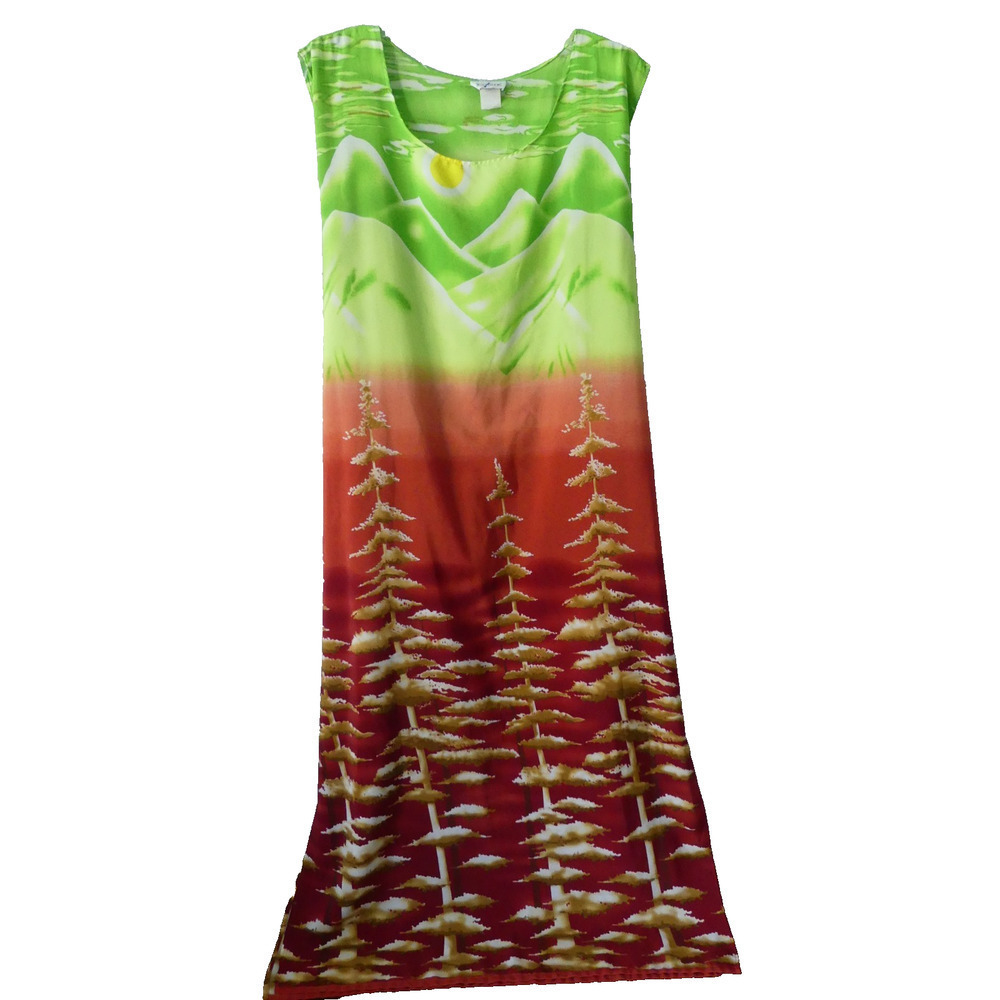 Vtg Beware Nature Print Maxi‎ Dress XL Mountains Trees Sleeveless Summer Loose